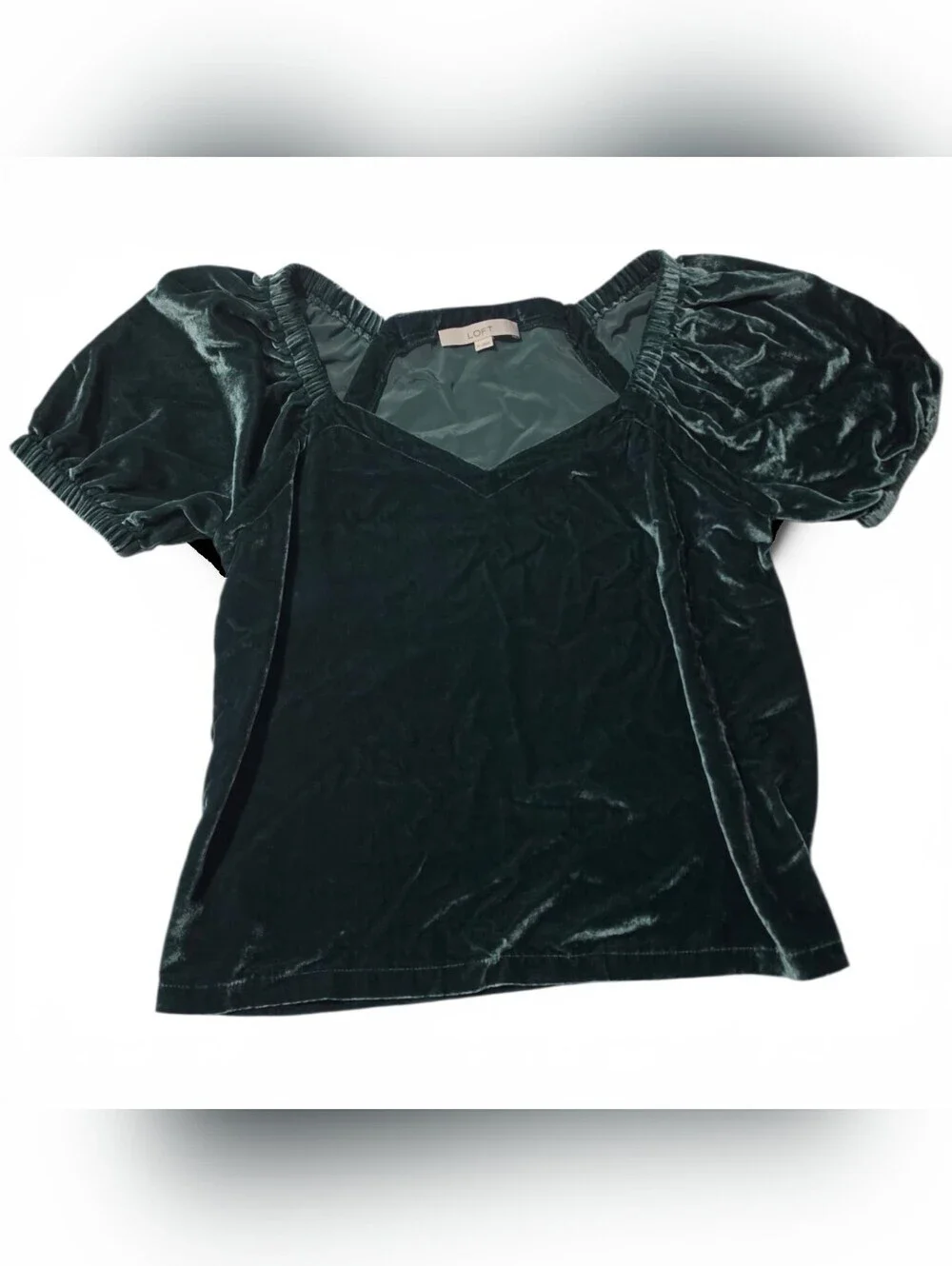 LOFT Emerald Velvet Fairycore Puff-Sleeve V-Neck Top